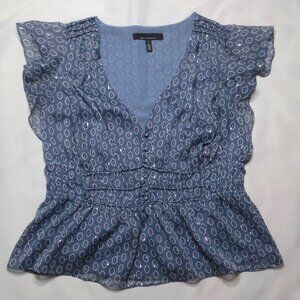 White House Black Market Blue Printed Ruffle Sleeve Blouse